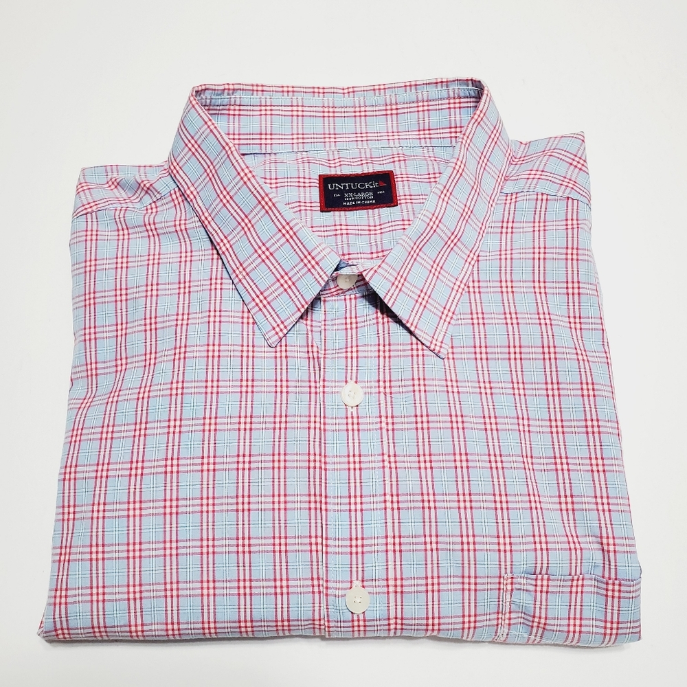 UNTUCKit Red & Blue Plaid Men's Casual Short Sleeve Shirt 2XL Cotton Spread